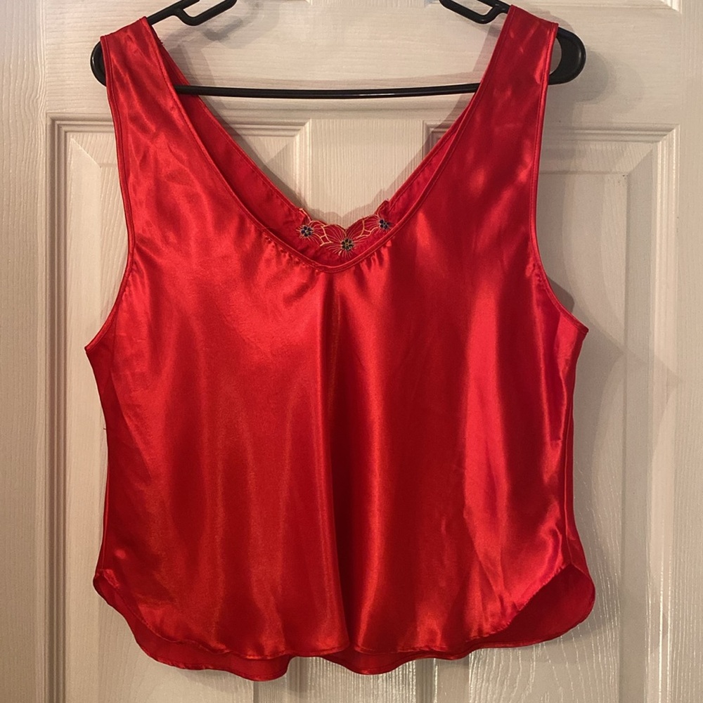 Vintage Vibrant Red Satin Camisole with Floral Detail - Picture 6 of 9